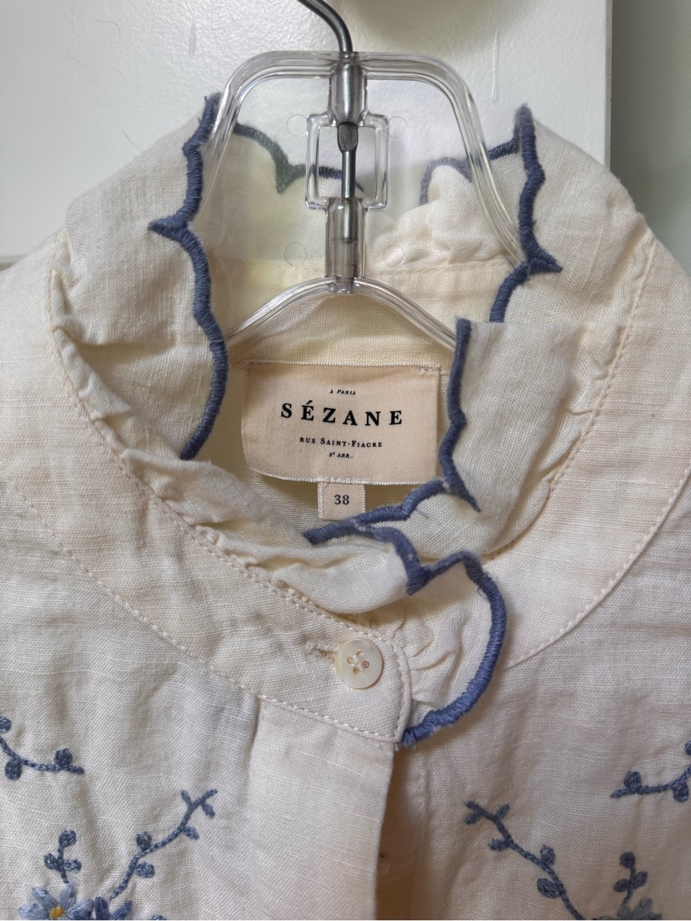 Sezane Cream Linen Blouse with Blue Embroidered Flowers - Picture 4 of 6